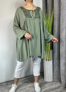 WŁOSKA TUNIKA Z OZDOBNYM DEKOLTEM WISKOZA KHAKI UNI PLUS SIZE 50-58