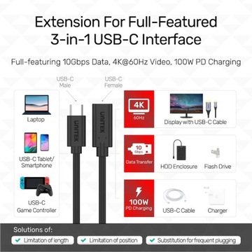 Удлинитель USB-C 10Гб Видео 4К 60Гц 20В 100Вт 50см