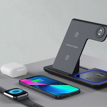 Индуктивное зарядное устройство Fast QI 3in1, 15 Вт для iPhone 15, 14, 13, 12, часов Airpods