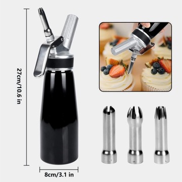 АЛЮМИНИЕВЫЙ СИФОН ДЛЯ ВЗБЕННЫХ СЛИВОК ОБЪЕМОМ 500 МЛ С 3 НАКОНЕЧНИКАМИ ИЗ НЕРЖАВЕЮЩЕЙ СТАЛИ