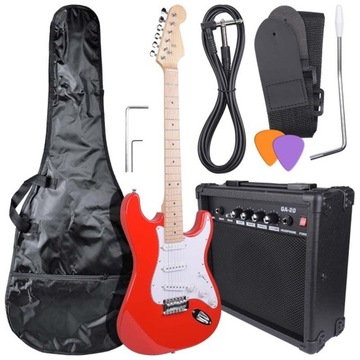 ZESTAW GITARA ELEKTRYCZNA + WZMACNIACZ + AKCESORIA KOSTKI PASEK POKROWIEC