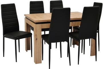 Rozkładany stół do 160 cm DĄB ARTISAN i 6 CZARNYCH krzeseł EKOSKÓRA SALON