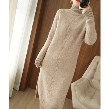 Modna SUKIENKA z grubego materiału ciepły % wełniany długi sweter kobiety