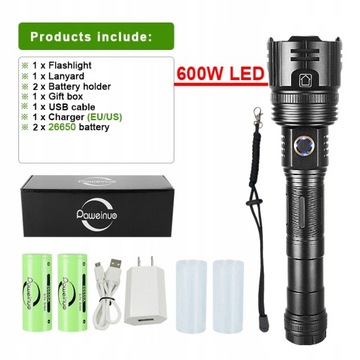 1000000LM600W LED Potężna latarka USB Ładowanie