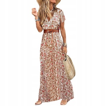 Długa sukienka Boho moda V Neck z krótkim rękawem
