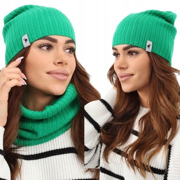 KOMPLET DAMSKI CZAPKA BEANIE KOMIN GOLF TUBA DUŻY ZESTAW TRAWIASTY 2204