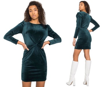 ELEGANCKA sukienka WELUR długi rękaw 34X c.zieleń S