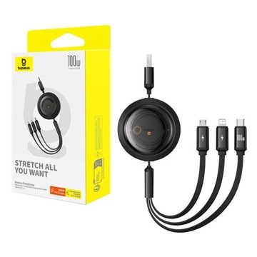 BASEUS SZYBKI ZWIJANY KABEL 3W1USB DO MICRO/USB-C/LIGHTNING 100W 1.1M 6A
