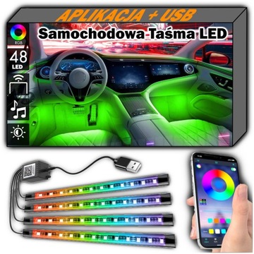 TAŚMA LED do Samochodu LEDY RGB Gadżety Kabiny 4w1 Zestaw USB + APLIKACJA