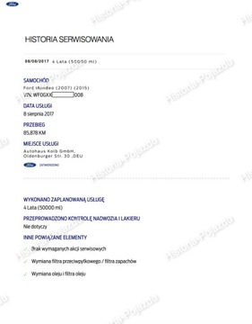 История обслуживания FORD VIN Проверка у дилера 7/7