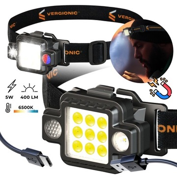 Latarka CZOŁOWA akumulatorowa 2w1, USB-C, 5 trybów, LED COB + CREE 5W 400lm