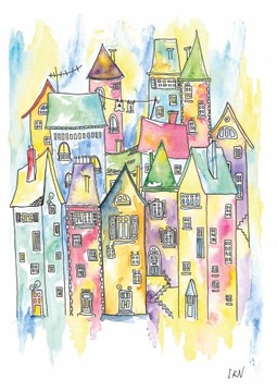 OBRAZ AKWARELOWE MIASTKO BAJKOWE EKSPRESJONIZM RĘKODZIEŁO 29,7 CM X 21 CM