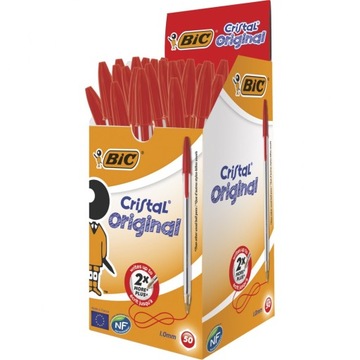 50x DŁUGOPIS BIC CRISTAL ORIGINAL CZERWONY ZE SKUWKĄ BIUROWY SZKOLNY 1MM