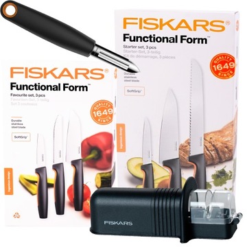 FISKARS ZESTAW 6 NOŻY DO KROJENIA CHLEBA SIEKANIA WARZYW OSTRZAŁKA SKROBAK