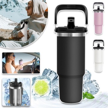 KUBEK TERMICZNY 900 ML ZE SŁOMKĄ I UCHWYTEM TURYSTYCZNA TERMOS DO SAMOCHODU