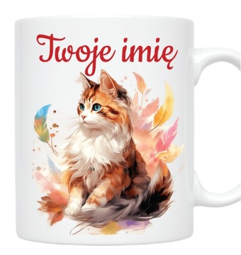 KUBEK na prezent z KOTEM KOT kolorowe piórka + DOWOLNE IMIĘ