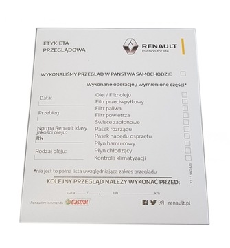 ETYKIETA PRZEGLĄDOWA NAKLEJKA ORYGINALNA RENAULT