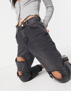 Topshop Petite Czarne mom jeans z dziurami 28/28