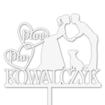 Topper Para z Psem ślub wesele napis na tort BIAŁY