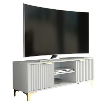 SZAFKA RTV TV 120CM DO SALONU RYFOLWANE FRONTY BIAŁY MAT ZŁOTE NOGI LFT001D