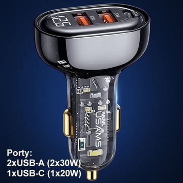 USAMS Ład. sam. 2xUSB+1xUSB-C 80W Fast Charge + kabel USB-C - USB-C BXLACC