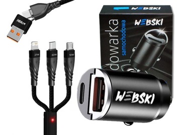 ŁADOWARKA SAMOCHDOWA USB A QC3.0 / USB C 20W USB Z KABLEM LIGHTING MICRO C