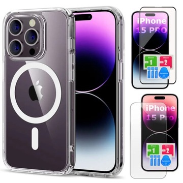 ETUI do IPHONE 15 PRO WZMACNIANE SHOCK CLEAR CASE do Magsafe + 2x SZKŁO