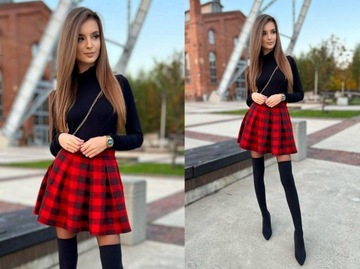 SPÓDNICA MINI w KRATKĘ Czerwoną ROZKLOSZOWANA w ZAKŁADKI PREZENT ŚWIĘTA L