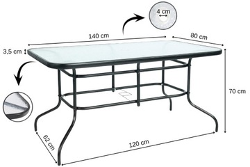 САДОВАЯ МЕБЕЛЬ БОЛЬШОЙ СТЕКЛЯННЫЙ СТОЛ 140x80 + 4x ЧЕРНЫХ МЕТАЛЛИЧЕСКИХ СТУЛА ТЕРРАСА