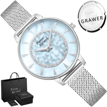 ZEGAREK DAMSKI Pierre Ricaud SREBRNY MESH NIEBIESKA TARCZA 5ATM + GRAWER