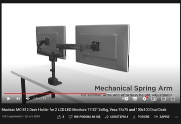 НАСТОЛЬНЫЙ ДЕРЖАТЕЛЬ ДЛЯ 2 LED ЖК-МОНИТОРОВ 2 РУКИ 2x8 кг MACLEAN MC-812