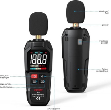 VOTERY SL1 ДЕЦИБЕЛ МЕТР ОТ 30 ДБ ДО 130 ДБ С ПОДСВЕТКОЙ КОНДИЦИОНЕРА
