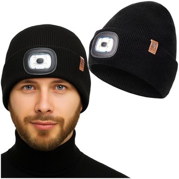 CZAPKA MĘSKA ZIMOWA ROBOCZA Z LATARKĄ LED WYWIJANA DWUWARSTWOWA SPORTOWA