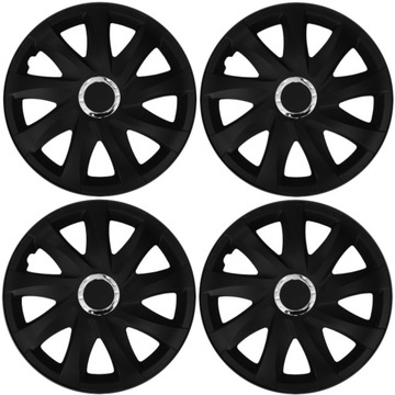4x Kołpaki 15 Drift Black Mat czarne matowe + ring uniwersalne do samochodu