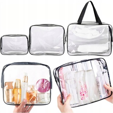 ZESTAW 3W1 KOSMETYCZKA PODRÓŻNA TURYSTYCZNA PZEZROCZYSTA NA ZAMEK KOSMETYKI