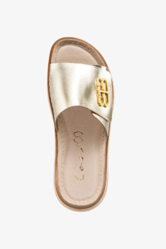 ZŁOTE KLAPKI SKÓRZANE DAMSKIE NA PLATFORMIE Z OZDOBĄ PRODUKT POLSKI r 39