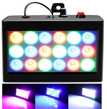 KOLOROFON STROBOSKOP 3 KOLORY REFLEKTOR DISCO 18 LED SMD CZUJNIK DŹWIĘKU