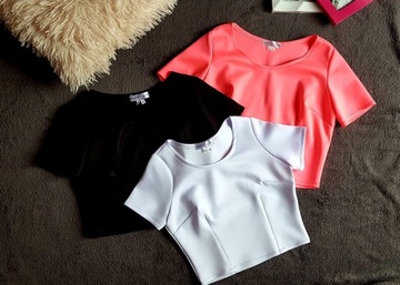Damski TOP Topik KRÓTKA BLUZKA NEON neonowy RÓŻ krótki rękaw S/M