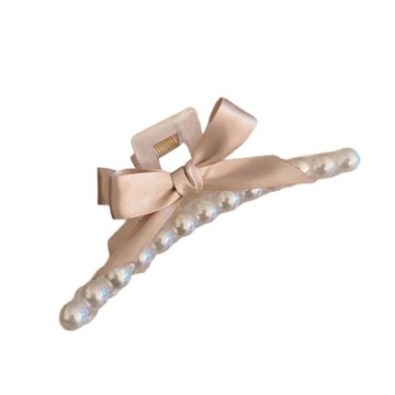 ELEGANCKA KLAMRA / SPINKA DO WŁOSÓW - WSTĄŻKA - BEŻOWA Z PERŁAMI - 13 x 4,5