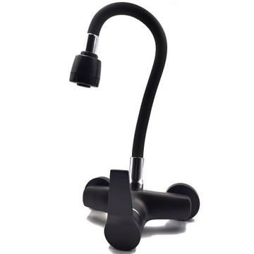 НАСТЕННЫЙ КУХОННЫЙ смеситель, ЧЕРНЫЙ, ГИБКИЙ ИЗЛИК, ДВЕ ФУНКЦИИ, ГИБКИЙ ХРОМ