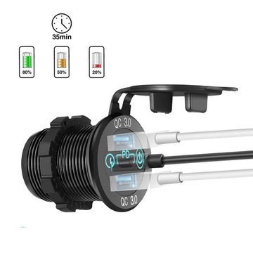 Adapter samochodowy PD3.0 Podwójny QC3.0 2x1,4 cala Pyłoszczelna pokrywa z niebieskim światłem