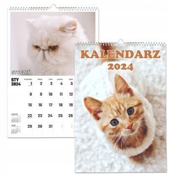 KALENDARZ ŚCIENNY NA ROK 2024 KOTY KOTKI CAT WIELOPLANSZOWY A4