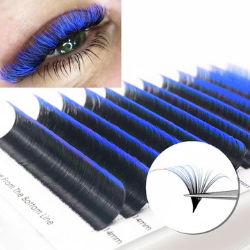 Pojedyncze Kolorowe Rzęsy 8-15mm, skręt D, 12 pasków CZARNO-NIEBIESKIE