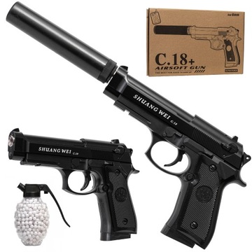 METALOWY PISTOLET NA KULKI PLASTIKOWE Z TŁUMIKIEM