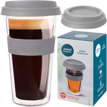 ALTOM KUBEK DUŻY SZKLANY TERMICZNY DO SAMOCHODU Z OPASKĄ SZARY 400 ML