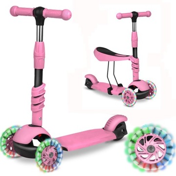 БАЛАНСОВЫЙ СКУТЕР 3В1 ТРЁХКОЛЕСНЫЙ СВЕТОДИОДНЫЙ РОЗОВЫЙ