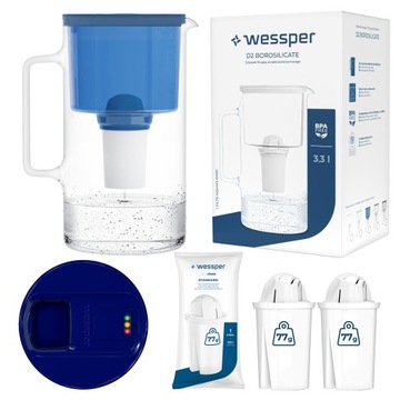 Szklany dzbanek filtrujący z licznikiem LED Wessper + 3x Filtr aquaclassic