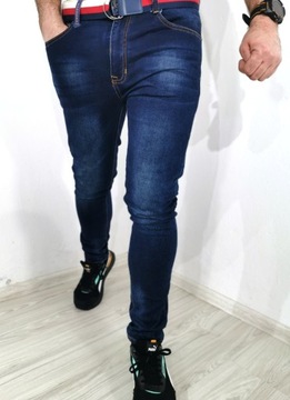 Spodnie męskie jeans granatowe lekko wycierane Pasek Gratis slim RS 34