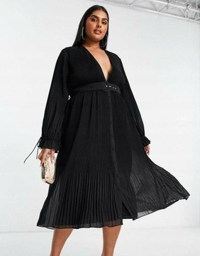 Asos Curve tbx głęboki plisowana sukienka dekolt midi XXL NH2