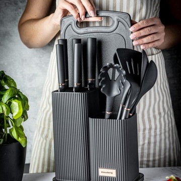 Набор из 5 ножей + набор из 5 кухонной посуды + нарезающая доска + подставка